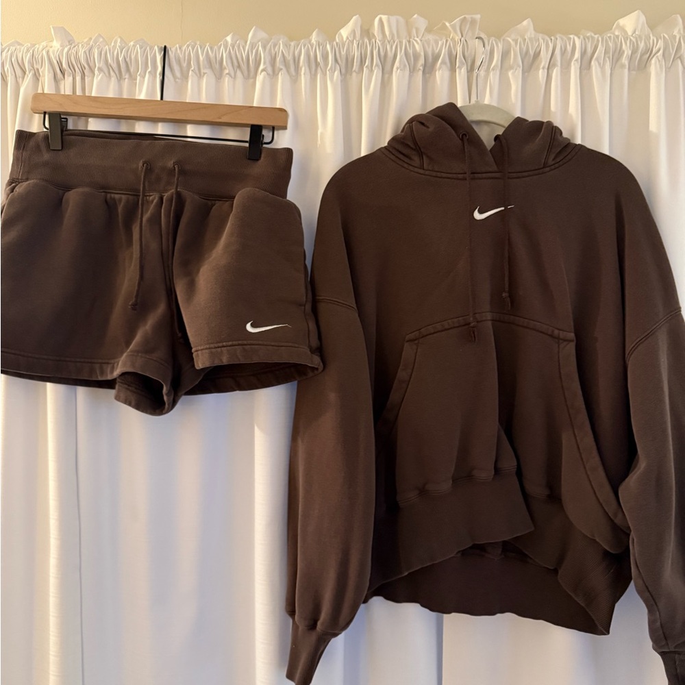 Nike Brown Hoodie and Shorts Set with White Swooshes
